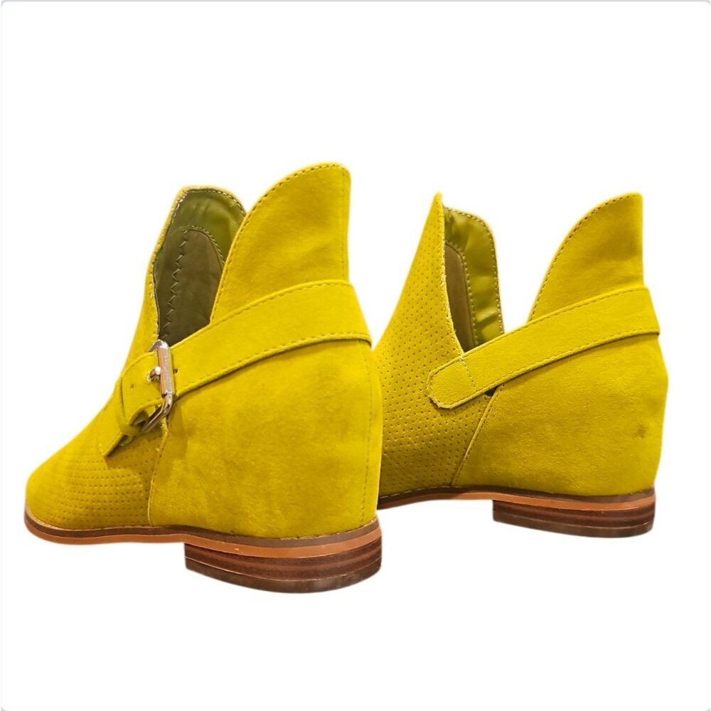 Khaki Perforated Faux Suede Ankle Boots With Side Buckle & Low Heel Womens - Picture 2 of 6
